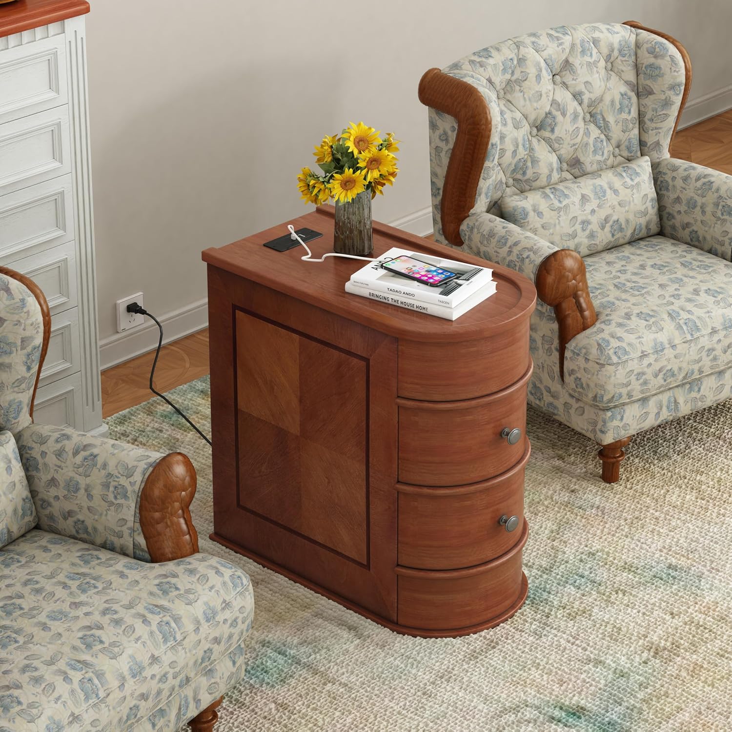 Narrow End Table with Charging Station, Vintage Slim Sofa Side Table & Nightstand with 2 Drawers, Compact Wood Storage for Living Room Bedroom Small Spaces, Fully Assembled, Brown