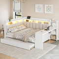 Merax Full Size Daybed with Storage Shelves and Trundle, Wooden Corner Bed with Charging Station, LED Light, Desk, Upholstered Headboard and Backrest, No Spring Box Need