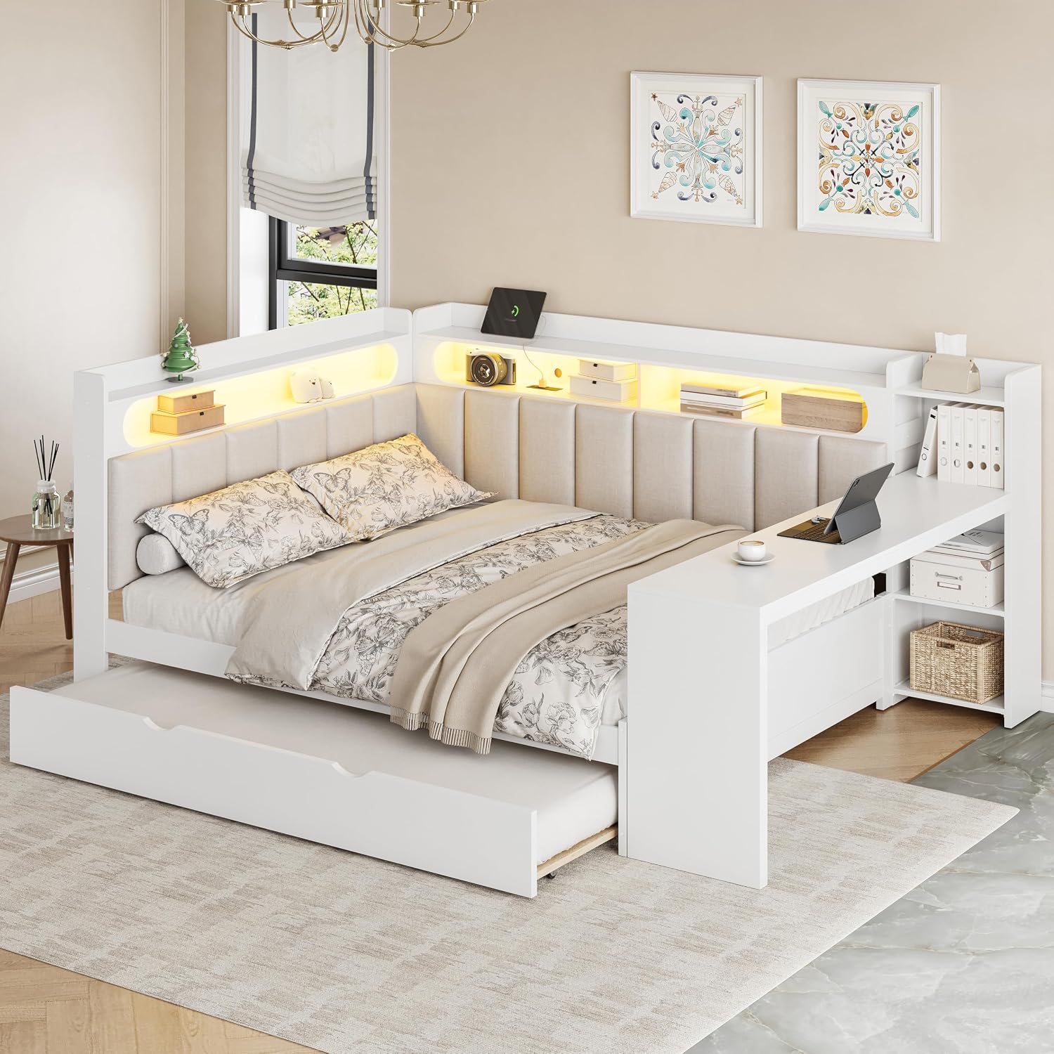 Merax Full Size Daybed with Storage Shelves and Trundle, Wooden Corner Bed with Charging Station, LED Light, Desk, Upholstered Headboard and Backrest, No Spring Box Need