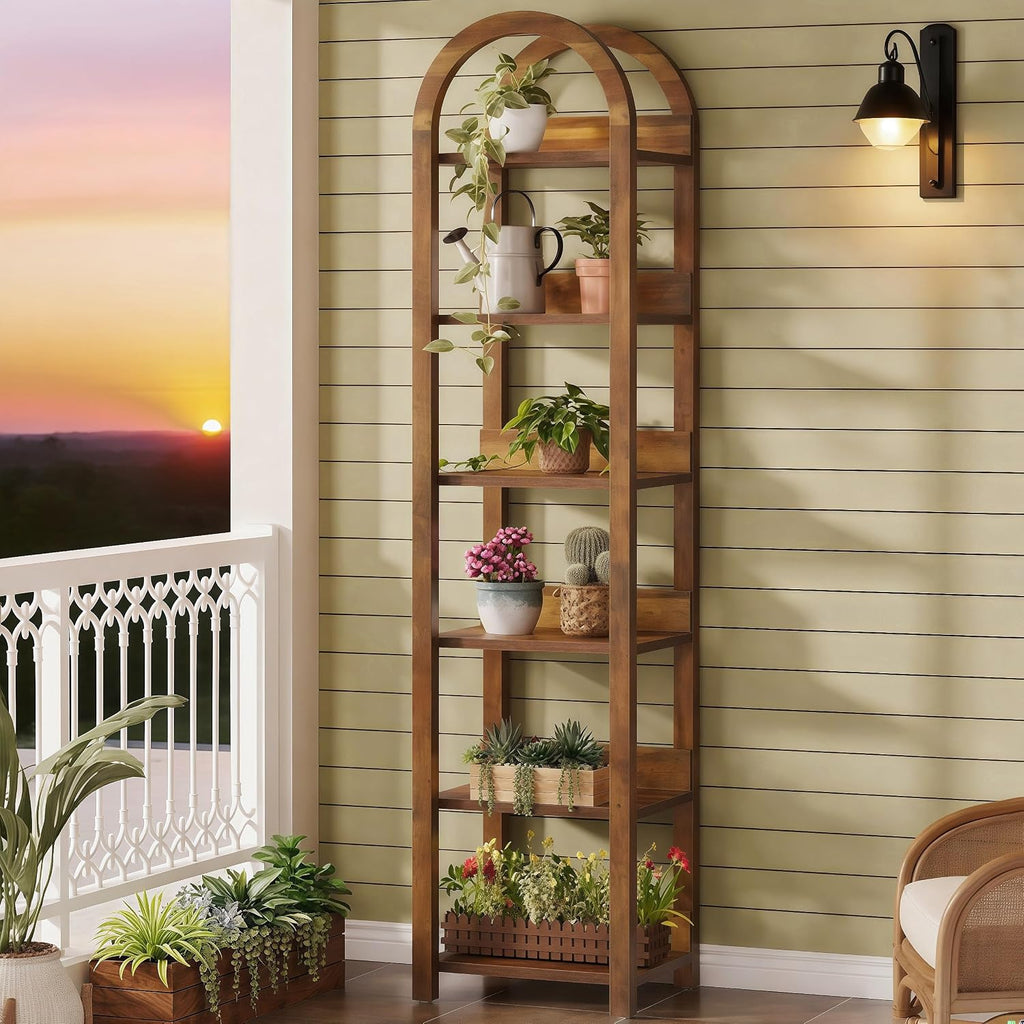 Tribesigns 6-Tier Narrow Bookshelf, 71' Tall Arched Bookcase with Shelves for Small Space, Skinny Wooden Display Shelf Open Storage Rack for Living Room, Home Office, Bathroom, Kitchen, Brown, 2PCS