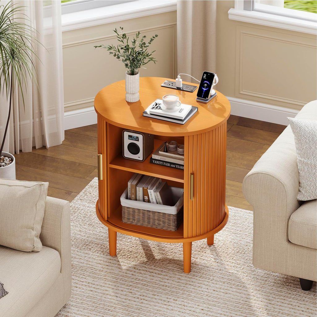 DHH Mid Century Modern Nightstand Set of 2 with Charging Station,Fluted Accent Side Table with Sliding Door & Adjustable Shelf,End Table for Small Space, Living Room, Bedroom,Sofa Couch,Yellow Walnut