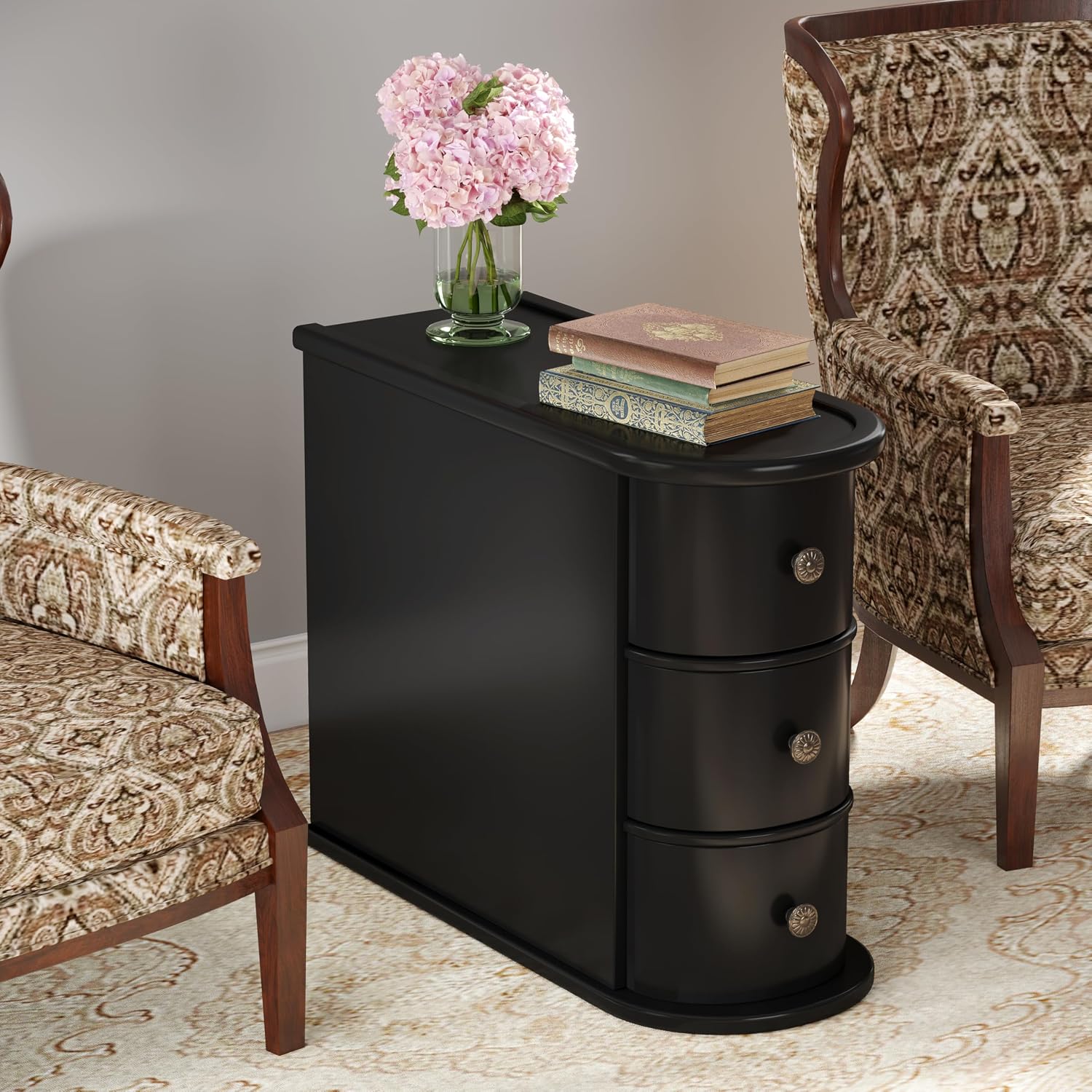Wood End Table with 3 Drawers, No Assembly Required Narrow Sofa Side Table for Living Room, Vintage Slim Nightstand Bedside Table Bedroom (3 Drawers, Black, 1Pc)