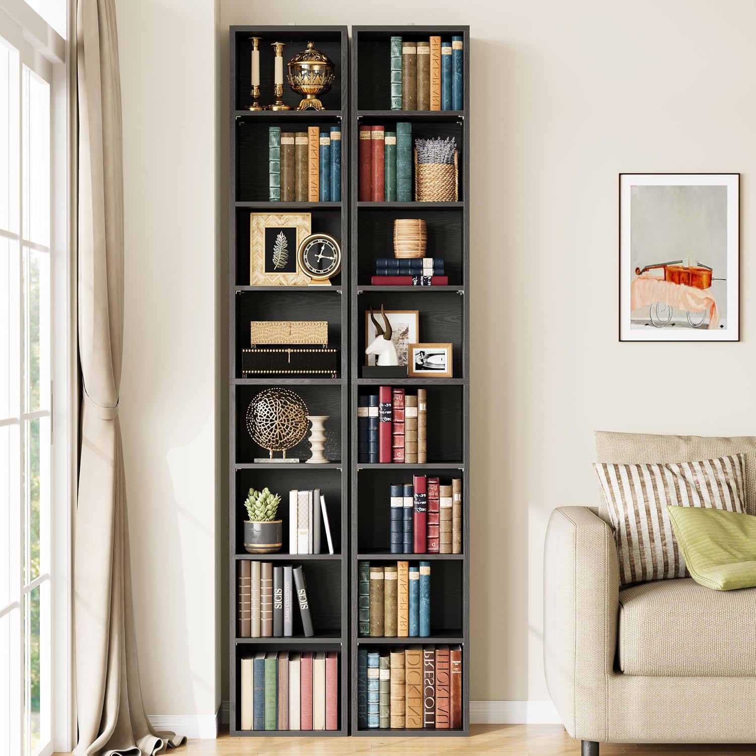 IRONCK Tall Narrow Bookshelf 8 Tiers 71in Set of 2, Compact Corner Bookcase, Easy to Match for Living Room, Office, Study, Bedroom