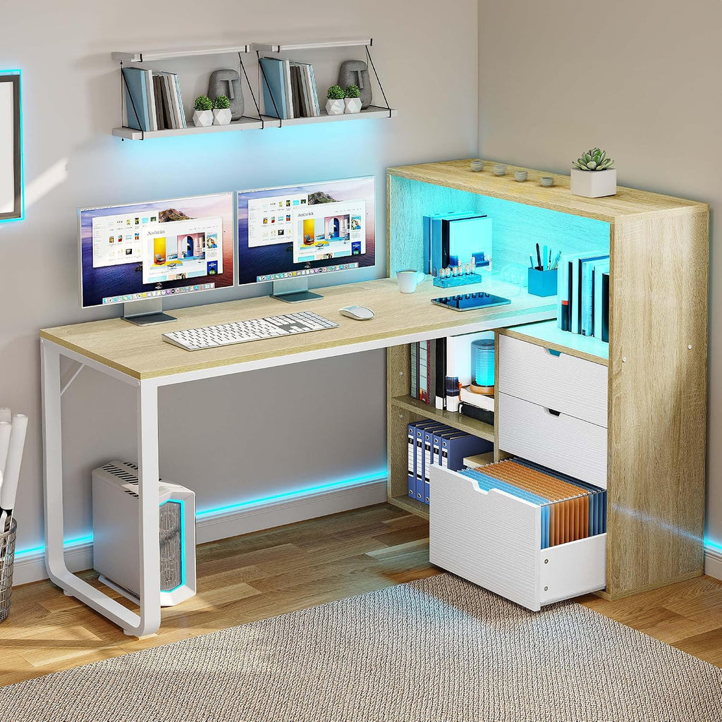 DWVO L Shaped Desk with Drawers, 55' Corner Computer Desk with Bookshelf & Power Outlets & LED Lights, Home Office Desk with Storage Shelves, Oak & White