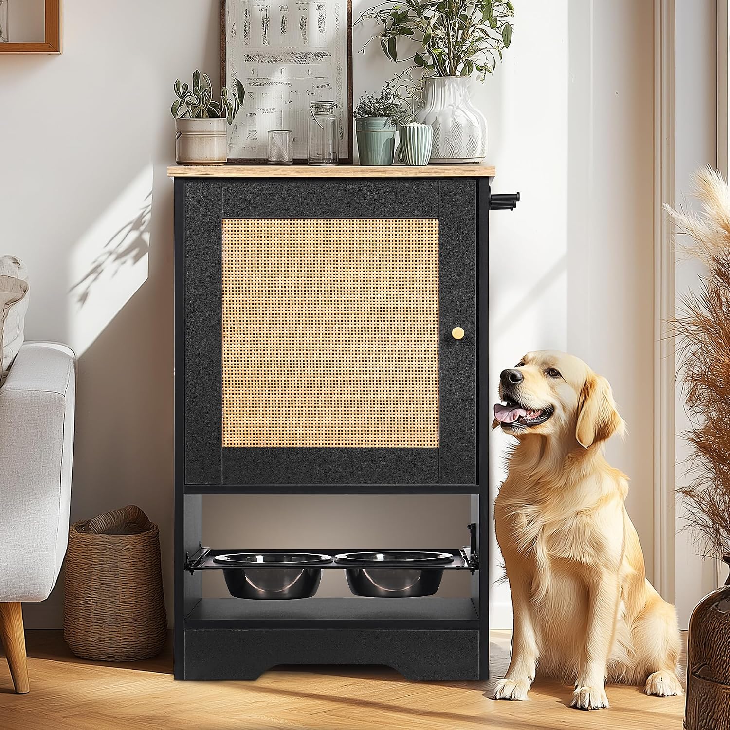 Echo Voyage Feeding Station with 1 Storage Cabinets, Pet Feeder Station with 2 Elevated Dog Bowls, Side Hooks, Anti-tip Kit, Hidden Pet Feeder Station for Feeding & Watering, Black