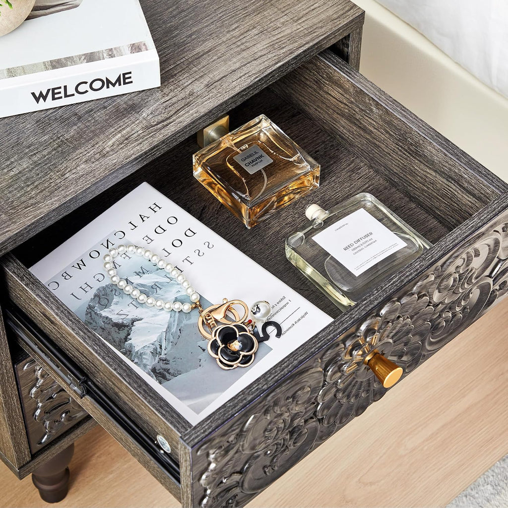 Nightstand, Farmhouse Bedside Table with 2 Drawers and Metal Handles, Wood Sofa Side End Table Accent Dresser for Bedroom, Living Room (Black Brown-2 Packs) (15.75 x 16.02 x 18.15 Inch)