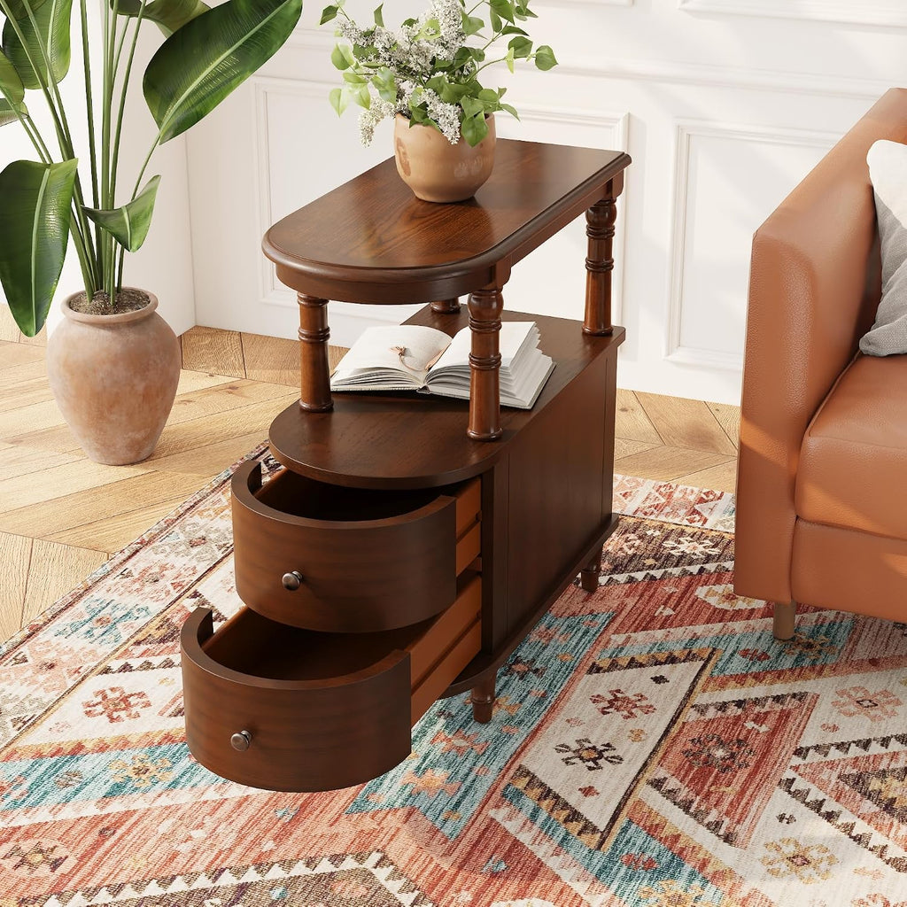 Narrow End Table Set of 2 with 2 Storage Drawers, Vintage Sofa Beside Table, Wood Slim SideTable for Living Room,Saving-space, 23.4'L x 11.4'W x 25.3'H, No-Tools Assembly, Cherry Walnut BG-A508-CY