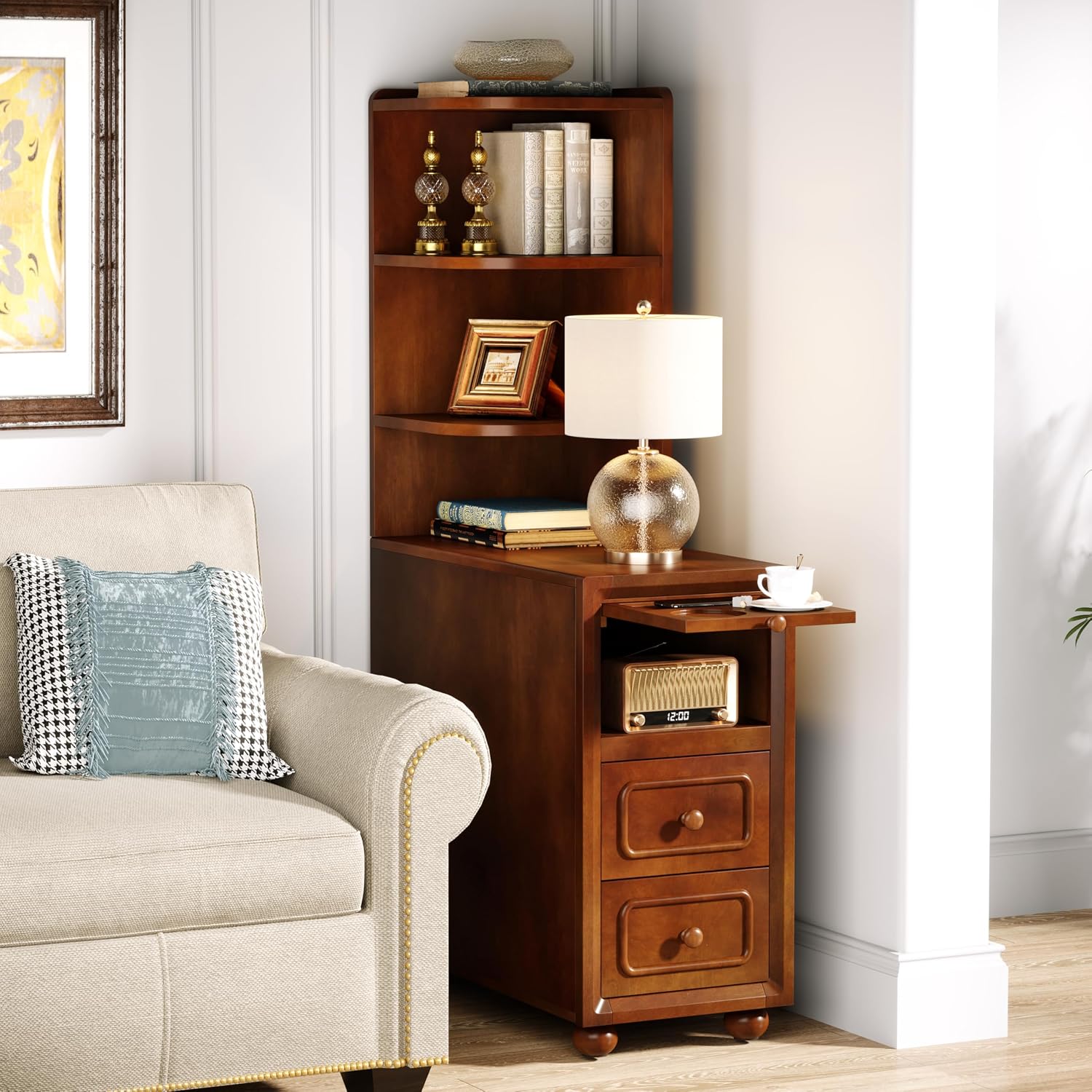 Solid Wood End Table with Drawers and Reversible Corner Shelves, Tall Narrow Side Table with Storage High Slim Chair Solid Side Table, Walnut