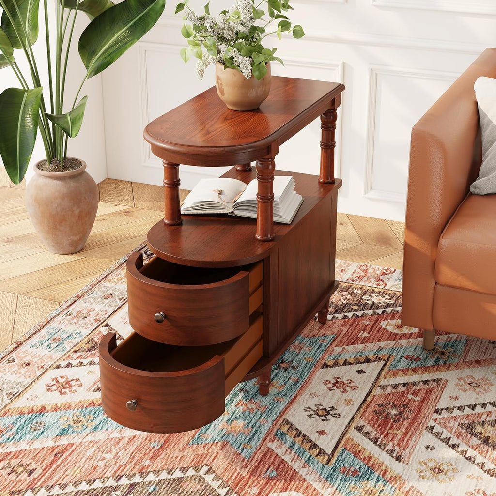 Slim End Table with 2 Storage Drawers, Retro Vintage Sofa Beside Table,Wood Narrow Telephone Table for Living Room,Saving-space,23.4'L x 11.4'W x 25.3'H No-Tools Assembly, Caramel Brown BG-A508-MG