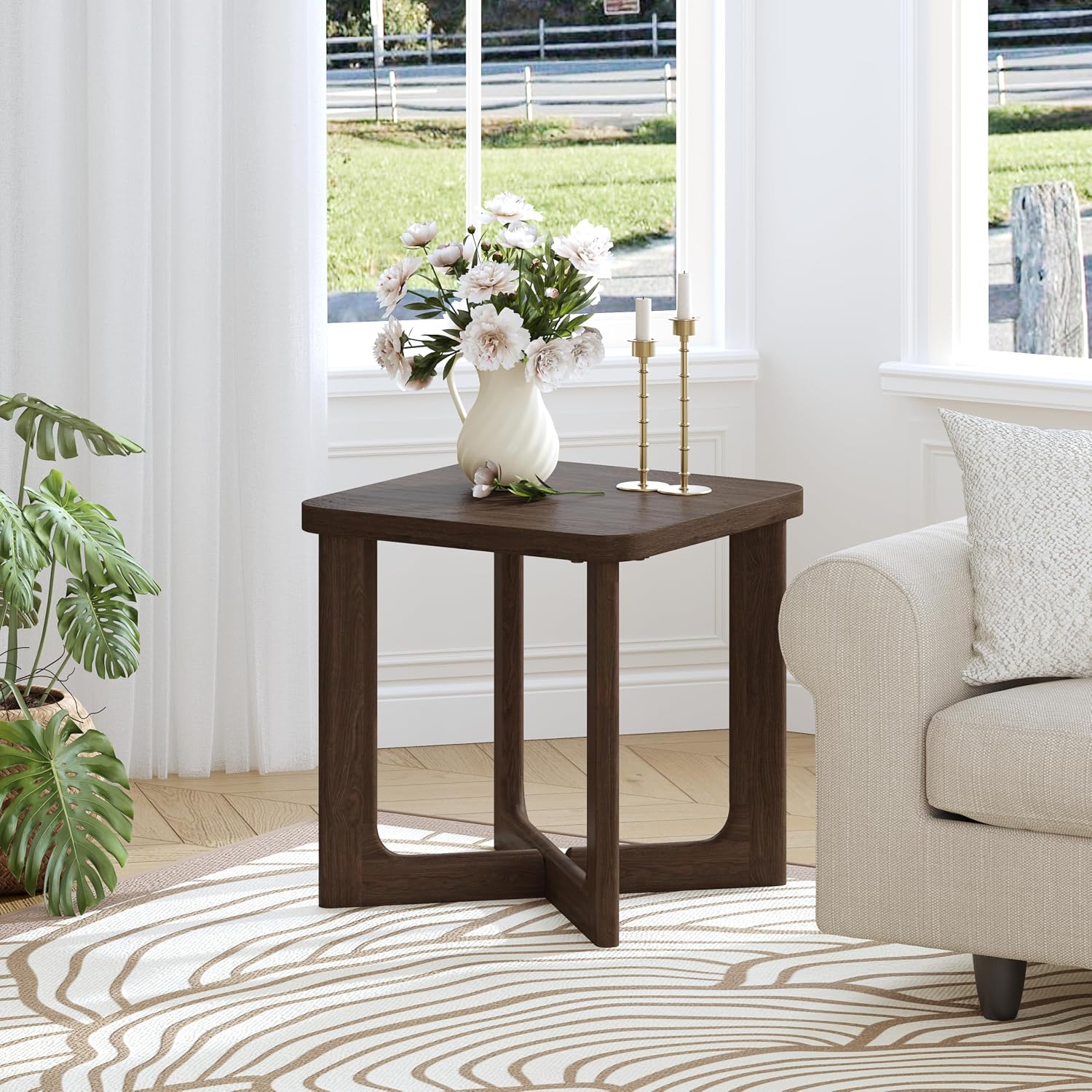 Casaphoria 24' End Side Table, Solid Wood Sofa Table with Cross Sturdy Legs, Slim Beside Table, Nightstand Telephone Table for Bedroom, Living Room, Restaurant, Small Spaces, Walnut