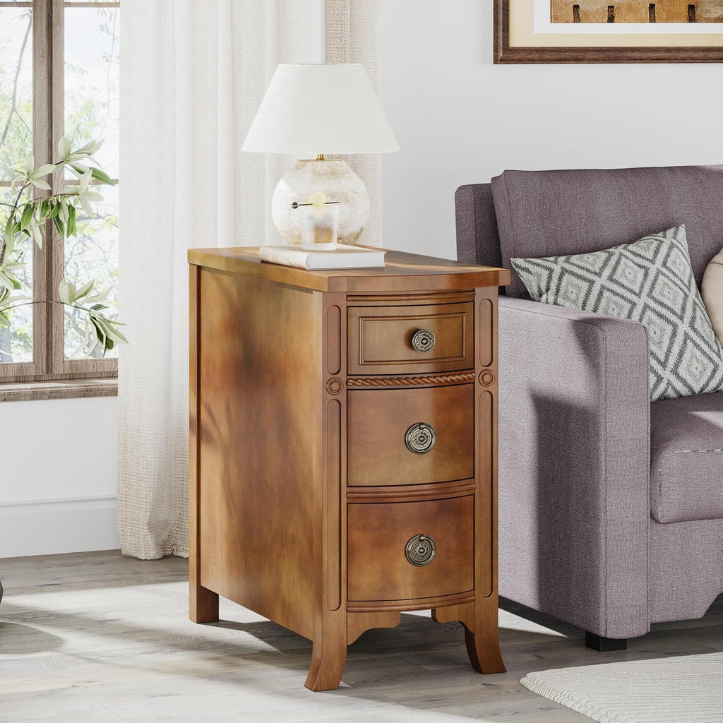 Farmhouse Solid Wood End Table, 3-Drawer Narrow Side Table Slim Chair Table for Living Room, Sofa Table with Drawers, Small Nightstand for Bedroom, No Assembly Required, Brown