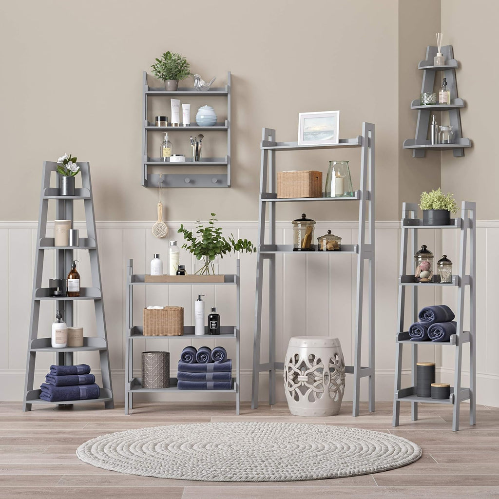 RiverRidge Amery 5-Tier Corner Ladder Shelf - Narrow Corner Shelf Maximizes Storage & Display in Small Spaces - Gray Open Shelving Design for Bathroom, Living Room, Office
