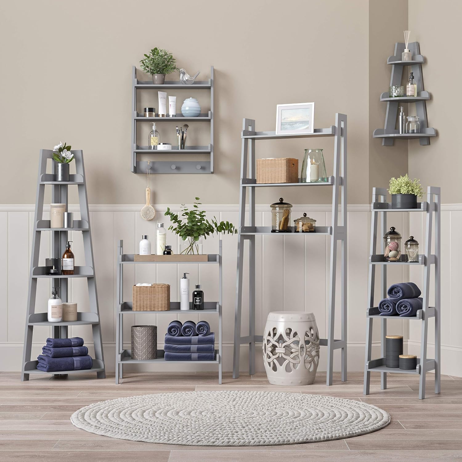 RiverRidge Amery 5-Tier Corner Ladder Shelf - Narrow Corner Shelf Maximizes Storage & Display in Small Spaces - Gray Open Shelving Design for Bathroom, Living Room, Office