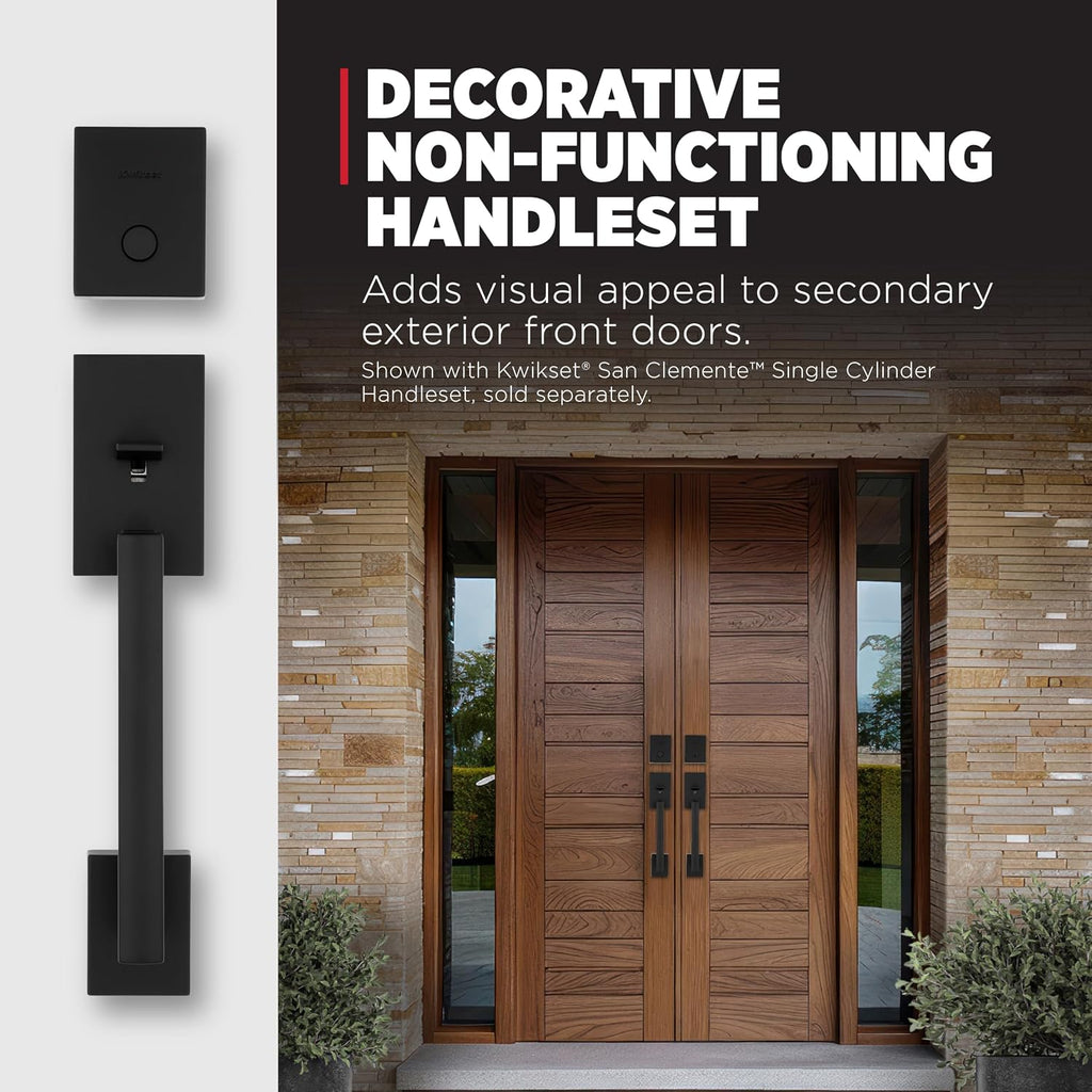 Kwikset San Clemente Non-Functioning Front Door Lock Handle, Inactive Deadbolt and Interior Door Handle, Dummy Handleset Exterior with Interior Reversible Lever, Matte Black with Microban Protection