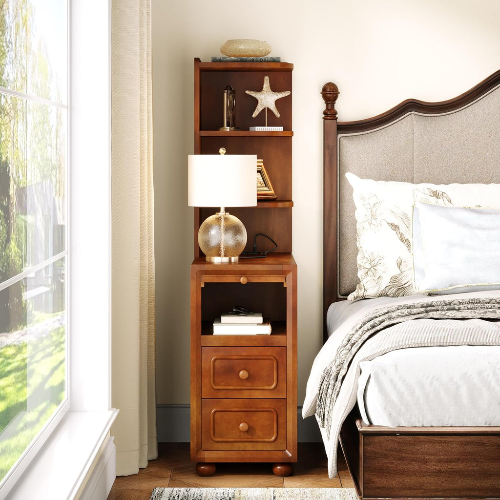 Solid Wood End Table with Charging Station and Reversible Corner Shelves, Tall Narrow Side Table with Drawers, USB Ports and Outlets for Living Room and Bedroom, Walnut