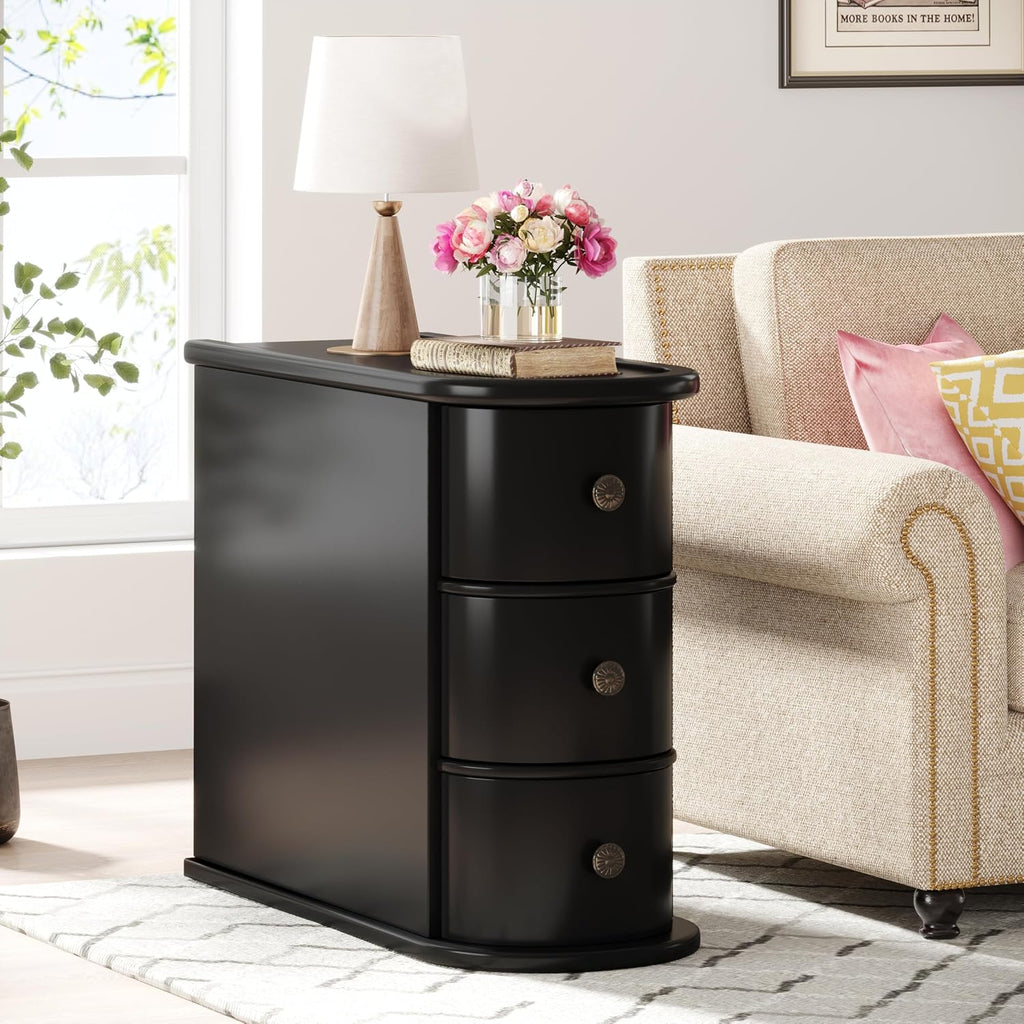 Wood End Table with 3 Drawers, No Assembly Required Narrow Sofa Side Table for Living Room, Vintage Slim Nightstand Bedside Table Bedroom (3 Drawers, Black, 1Pc)