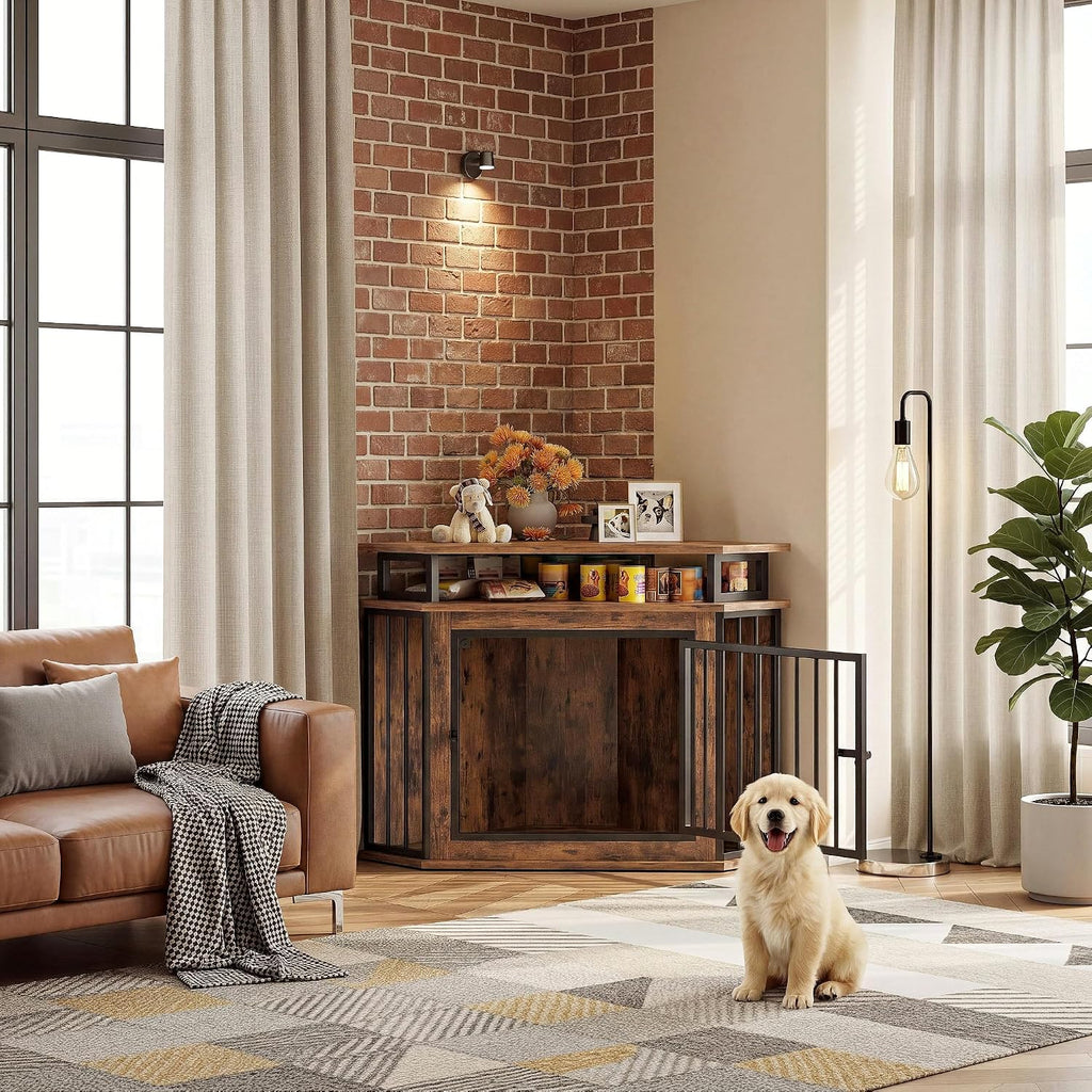 IRONCK 43.3' Corner Dog Crate Furniture with 2-Tier Shelves, Wooden Dog Kennel Indoor, Space-Saving Furniture Style Dog Cage for Small and Medium Dogs, Rustic Brown (23.6' L x 43.3' W x 32' H)