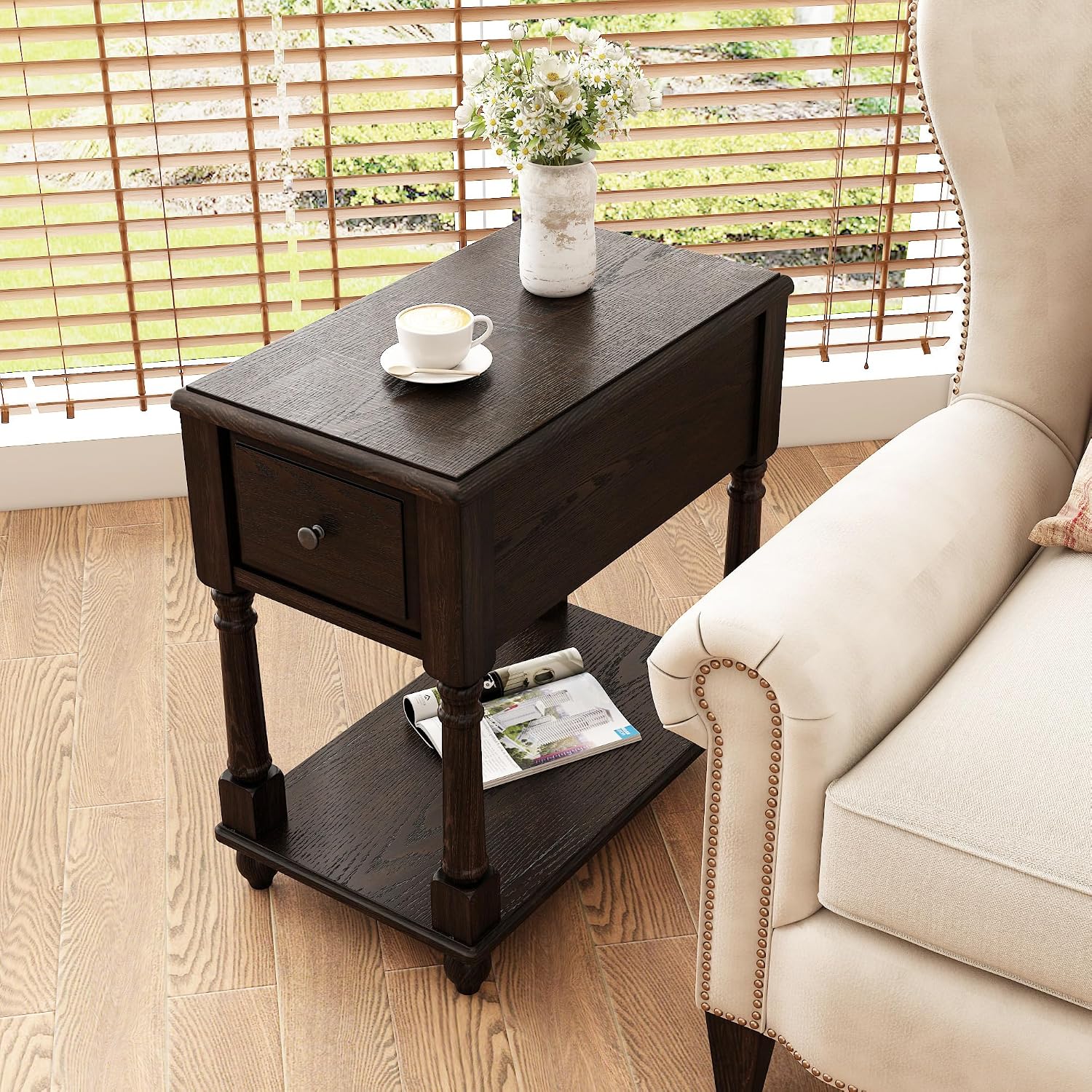 Narrow Open End Table with Drawer, Solid Wood Side Table 2-Tier Skinny Table with Storage Shelves Slim Nightstand Small Sofa End Table for Living Room Bedroom-Antique Black 004BK