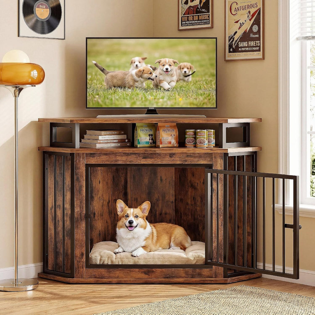 IRONCK 43.3' Corner Dog Crate Furniture with 2-Tier Shelves, Wooden Dog Kennel Indoor, Space-Saving Furniture Style Dog Cage for Small and Medium Dogs, Rustic Brown (23.6' L x 43.3' W x 32' H)