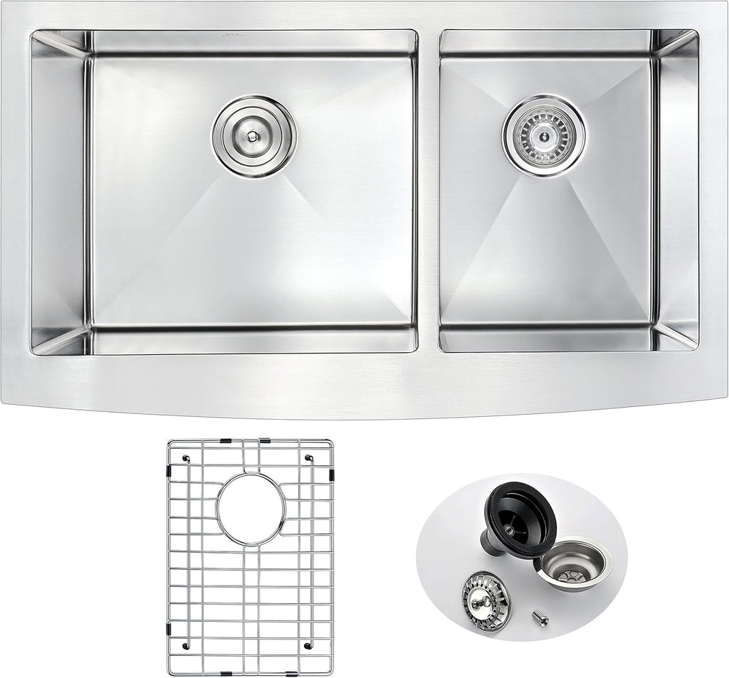 ANZZI Elysian 33' Farmhouse Stainless Steel 60/40 Double Bowl Kitchen Sink in Brushed Satin with Strainer, 18 Gauge Large Dual Deep Soak Basin Commercial Utility Prep Work Station, K-AZ3320-4A