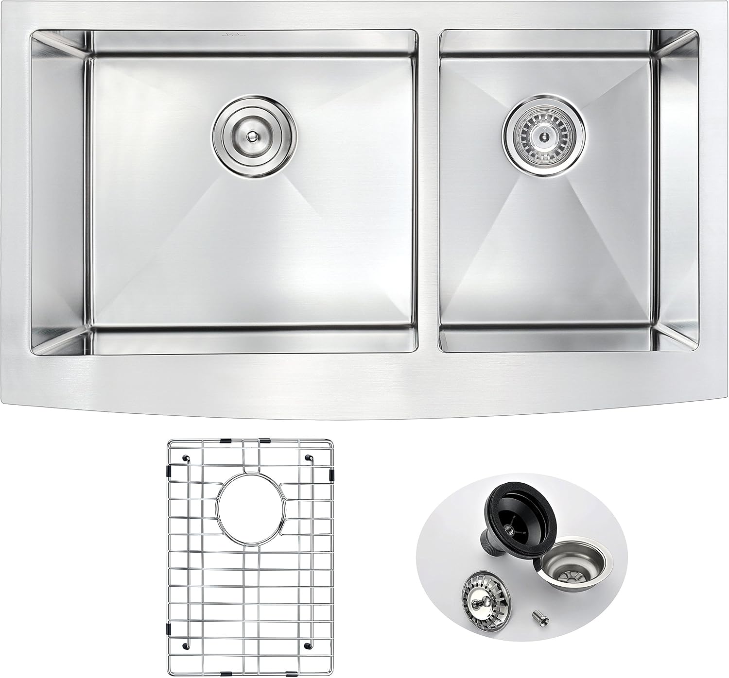 ANZZI Elysian 33' Farmhouse Stainless Steel 60/40 Double Bowl Kitchen Sink in Brushed Satin with Strainer, 18 Gauge Large Dual Deep Soak Basin Commercial Utility Prep Work Station, K-AZ3320-4A