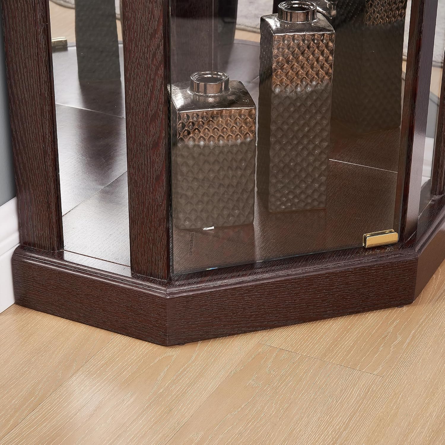 69' H Lighted Corner Display Cabinet, Curio Corner Glass Cabinet w/Adjustable Shelves & Glass Door, 5-Tier Wooden Storage Display Case w/Mirrored Back Pane for Living Room