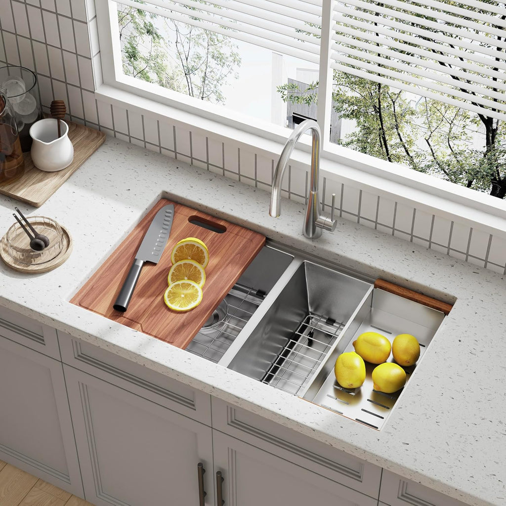 32 Inch Double Bowl Undermount Workstation Kitchen Sink 16 Gauge Stainless Steel 50/50 Handmade Rectangular Sinks with Ledge and Accessories 32' x 18' x 10'