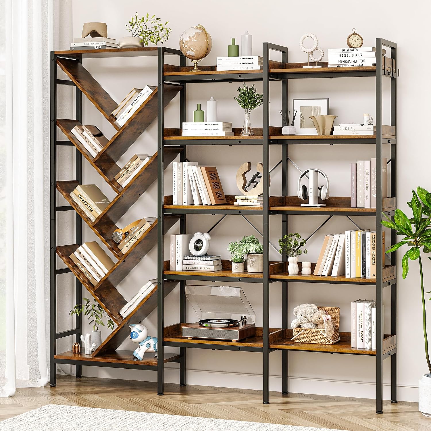 5 Tier Book Shelf, Reversible Corner Bookcase with Hooks, Large Bookshelf with Baffles & Open Display Shelves Storage, Wood L Shaped Book Case with Metal Frame for Living Room Home Office