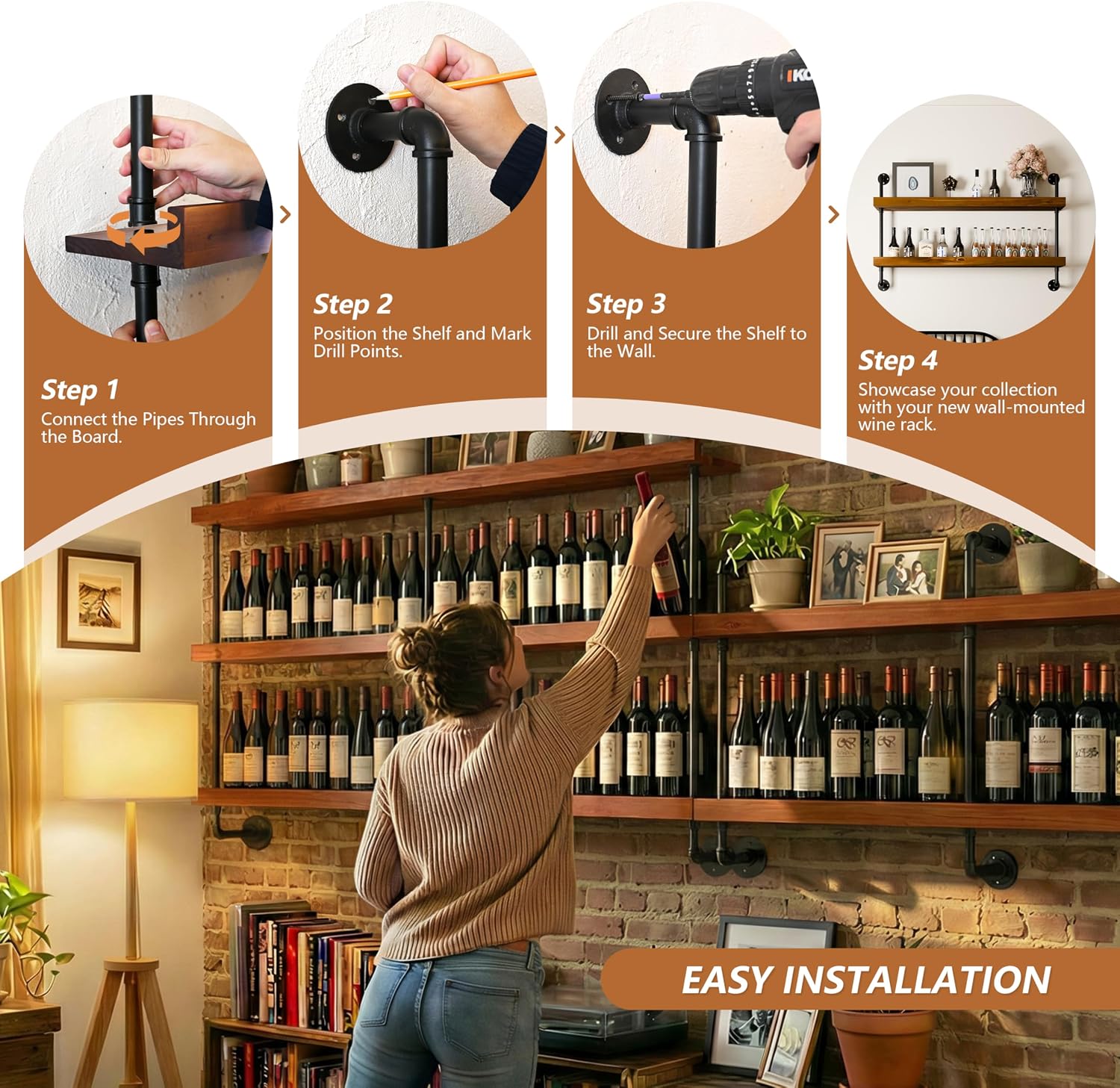 Industrial Wine Rack Wall Mounted, Solid Wood Shelf with Metal Pipe Brackets, 2-Tier Rustic Hanging Organizer for Wine Bottle Storage in Kitchen, Bar, Pub, Cellar(Walnut Brown, 48 Inch)