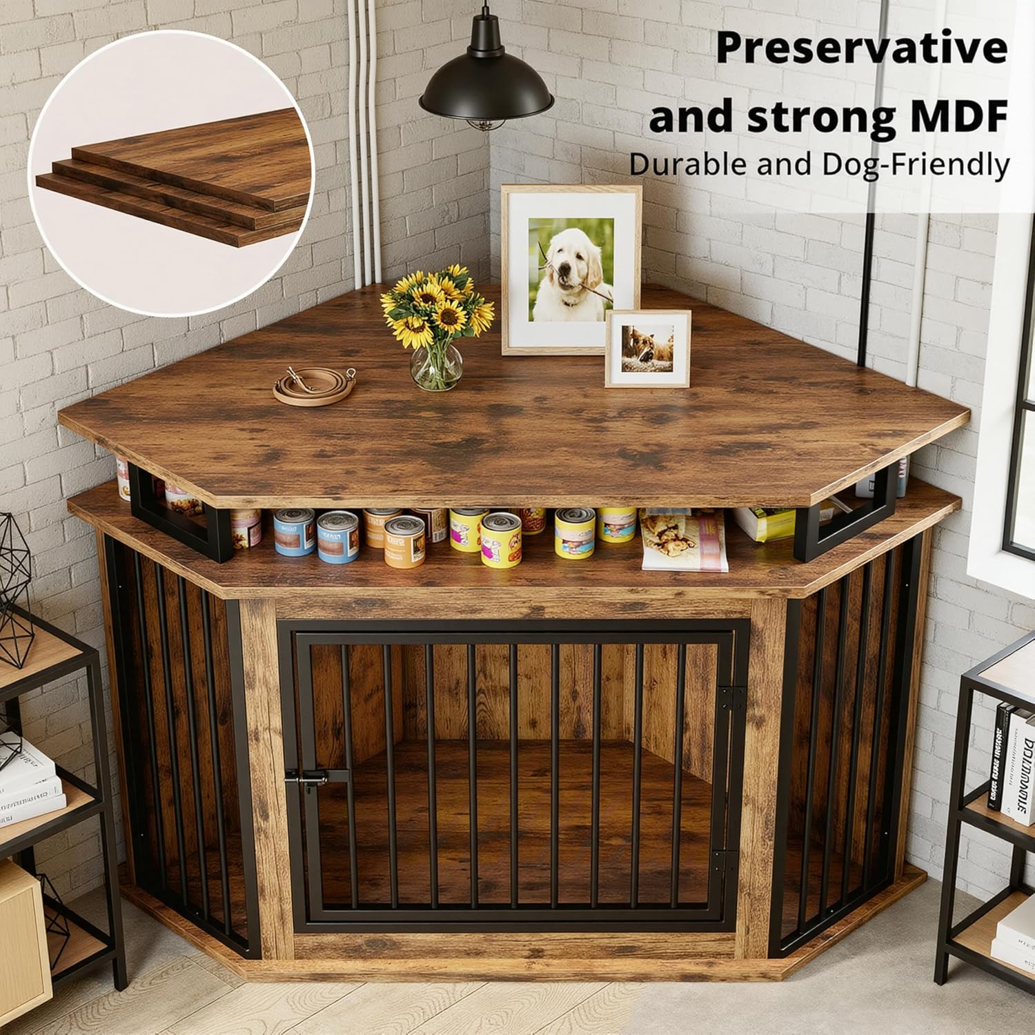 IRONCK Corner Dog Crate Furniture with 2-Tier Shelves – Wooden Pet Kennel for Large Dogs, Space-Saving TV Stand, Rustic Brown (26.7' L x 51.2' W x 33.5' H)