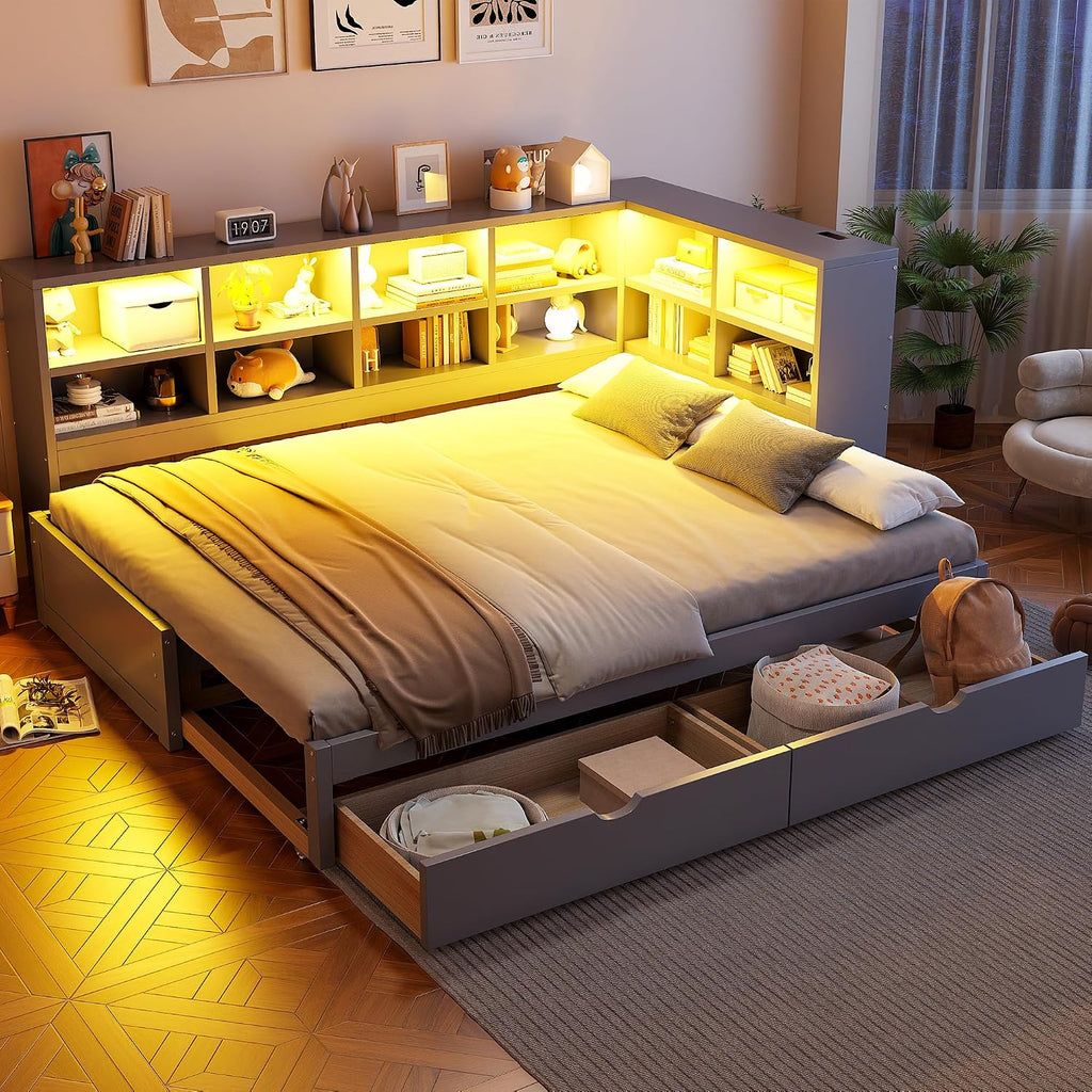 Merax Twin XL to King Size Daybed with Two Storage Drawers and Light, Wooden L-Shaped Corner Bed Sofa Bed with Storage Shelves and USB Ports, No Box Spring Needed, Gray