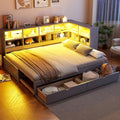 Merax Twin XL to King Size Daybed with Two Storage Drawers and Light, Wooden L-Shaped Corner Bed Sofa Bed with Storage Shelves and USB Ports, No Box Spring Needed, Gray