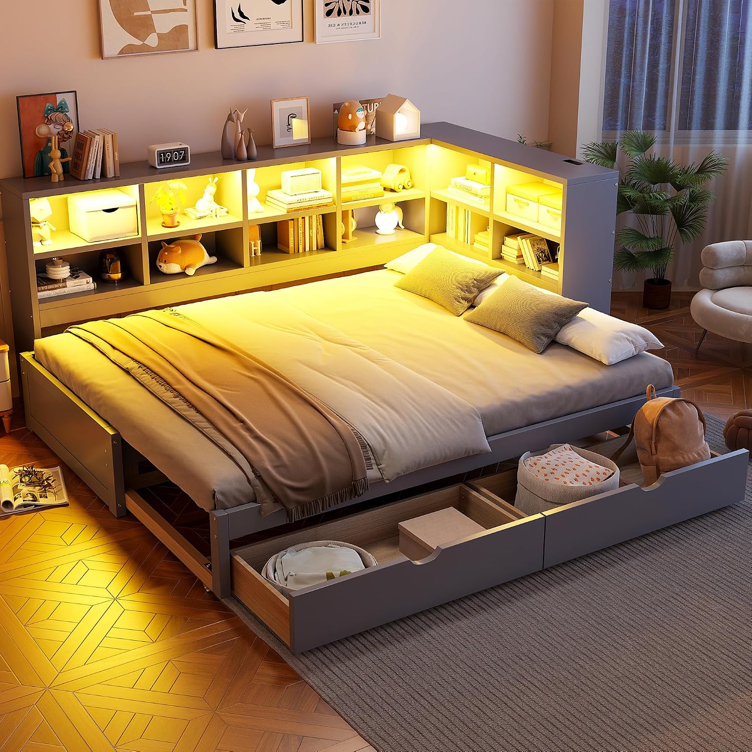 Merax Twin XL to King Size Daybed with Two Storage Drawers and Light, Wooden L-Shaped Corner Bed Sofa Bed with Storage Shelves and USB Ports, No Box Spring Needed, Gray