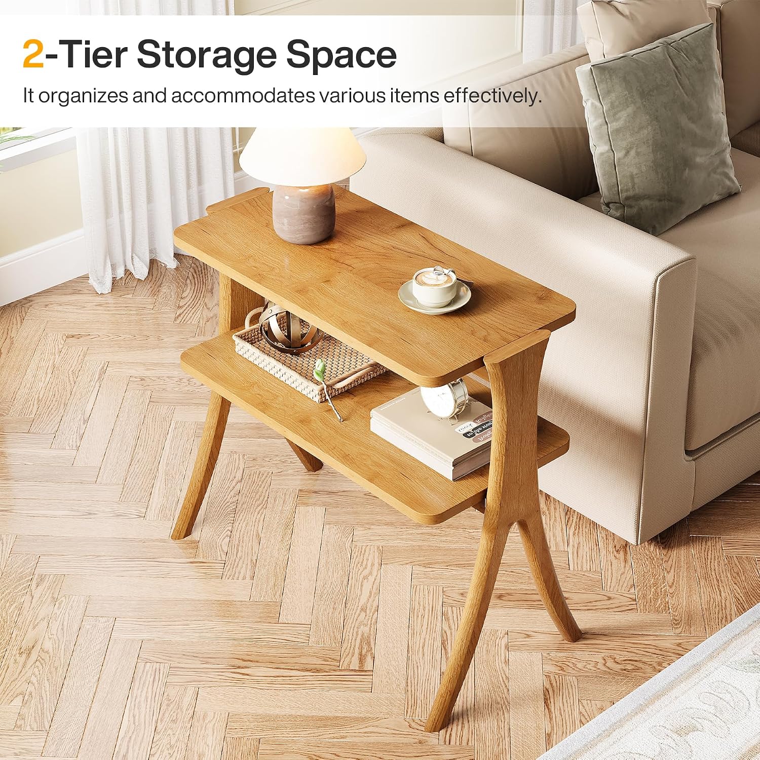 Tribesigns Narrow Side Table Set of 2, Farmhouse End Table with 2-Tier Storage Shelf and Solid Wood Legs, Slim Modern Bedside Table Nightstand for Bedroom, Living Room, Small Spaces, Brown(2)