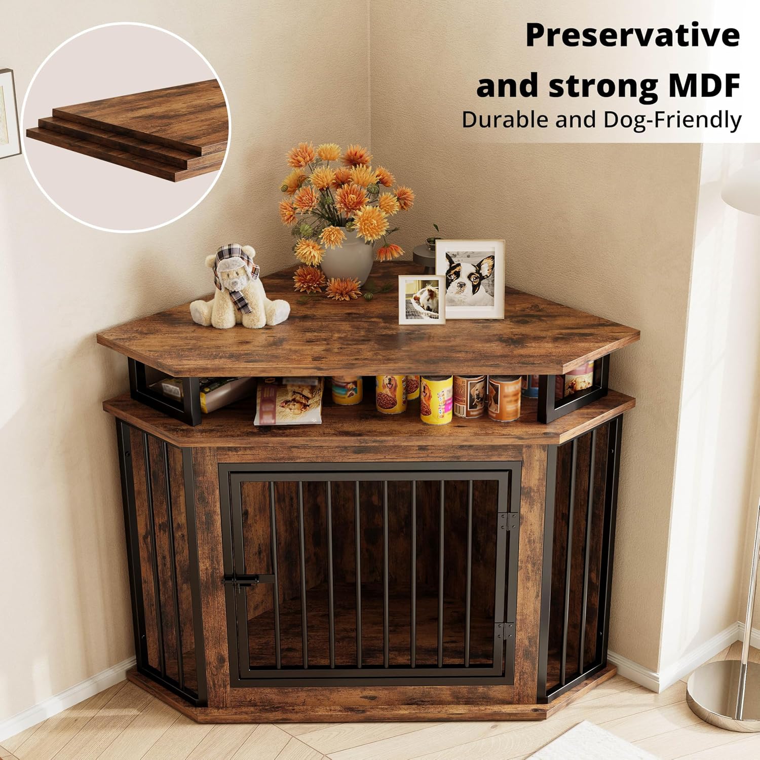 IRONCK 43.3' Corner Dog Crate Furniture with 2-Tier Shelves, Wooden Dog Kennel Indoor, Space-Saving Furniture Style Dog Cage for Small and Medium Dogs, Rustic Brown (23.6' L x 43.3' W x 32' H)