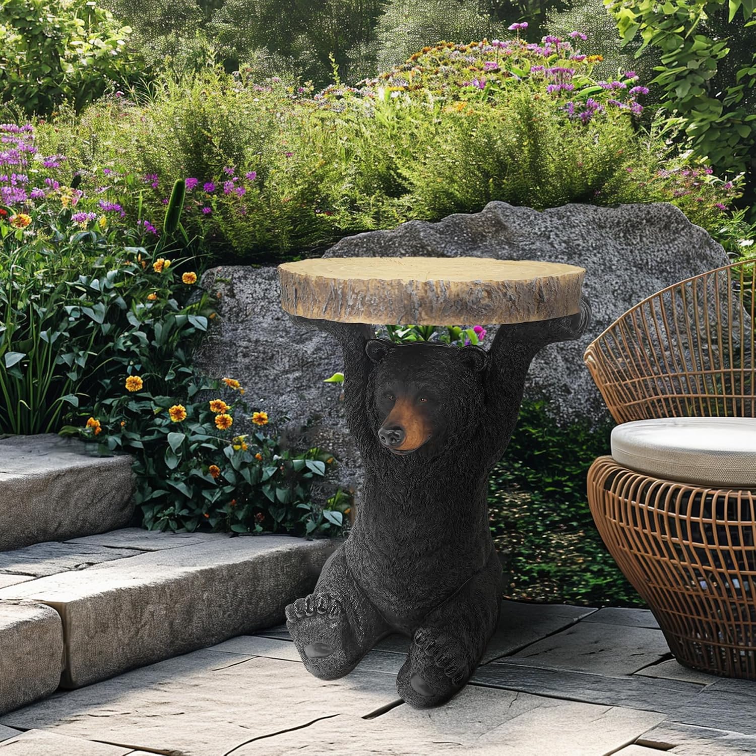 GENUINQ American Black Bear Side Table Pedestal End Table Stool Resin Bear Statue Hand Painted Sculpture Home Office Living Room Decor