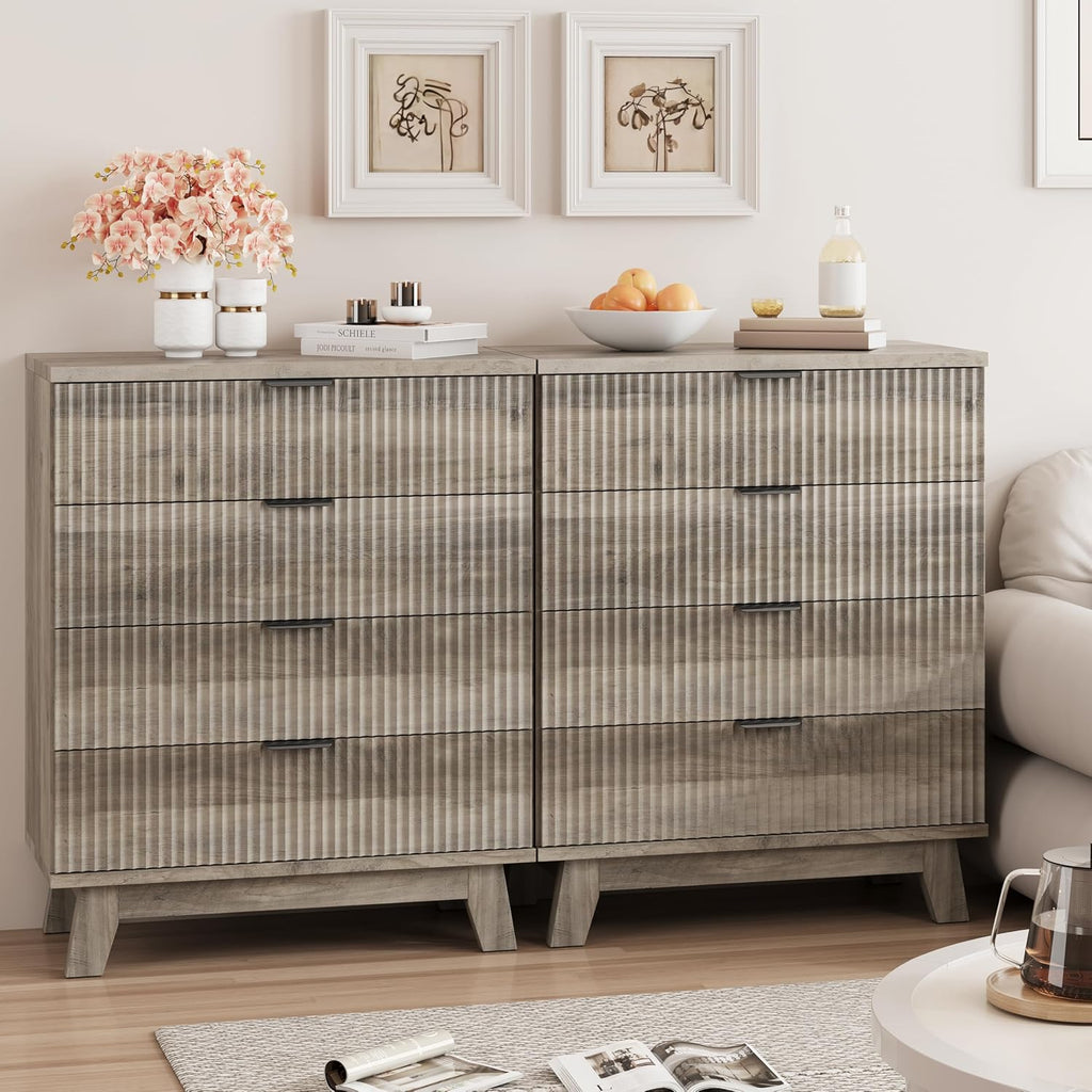Fluted Nightstand, 31.5' Wide Side Table with 4 Large Storage Drawers, Mid Century Modern Wood Night Stand with Metal Handle, Wooden Bedside End Table for Bedroom, Living Room, Closet, Grey