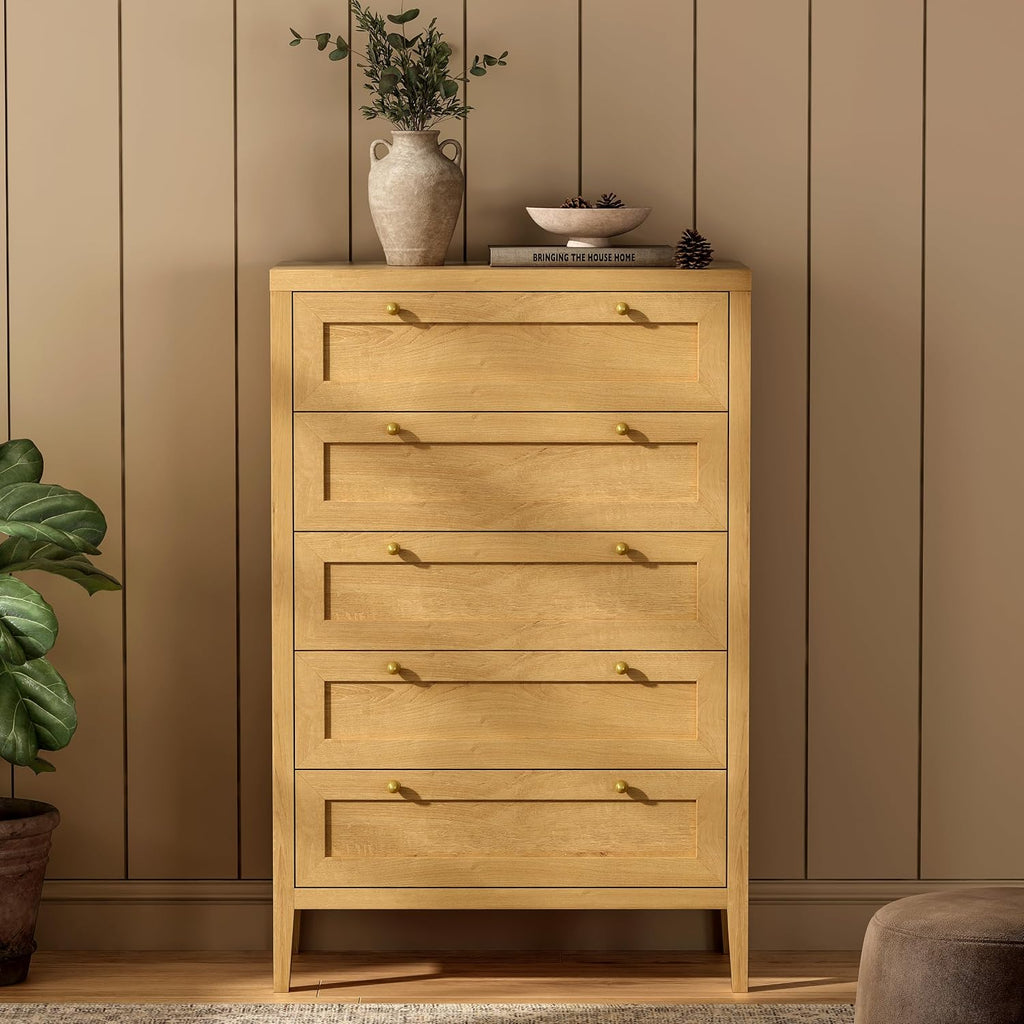 EYYTHUNG 5 Drawer Dresser Farmhouse 47' Tall Wood Closet Chest of Drawers Modern Storage Dressers Organizer for Bedroom Living Room, Entryway, Hallway, Natural Oak
