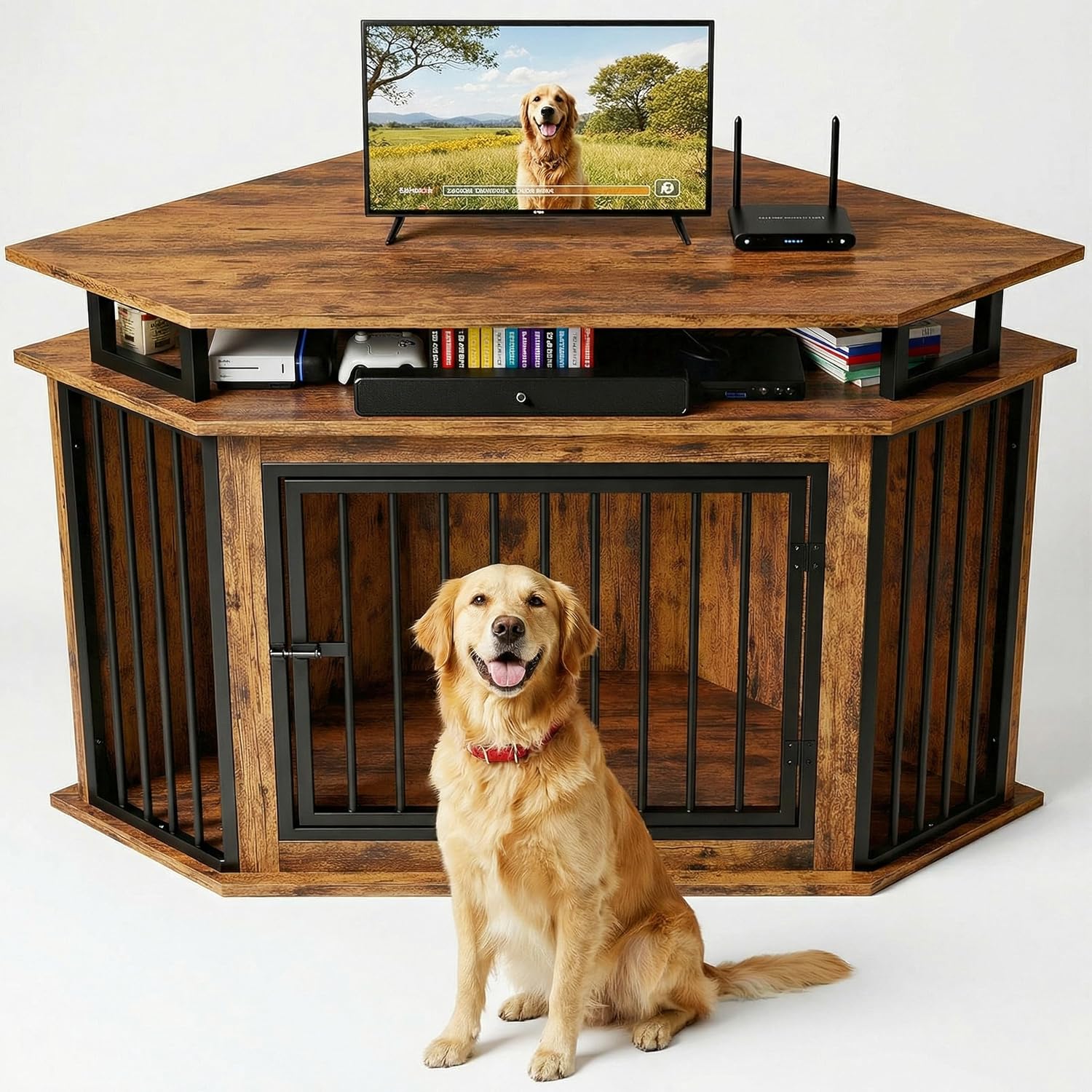 IRONCK Corner Dog Crate Furniture with 2-Tier Shelves – Wooden Pet Kennel for Large Dogs, Space-Saving TV Stand, Rustic Brown (26.7' L x 51.2' W x 33.5' H)