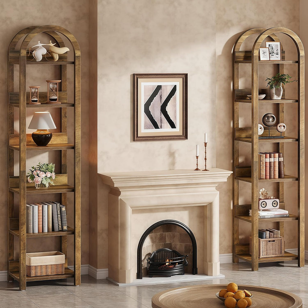 Tribesigns 6-Tier Narrow Bookshelf, 71' Tall Arched Bookcase with Shelves for Small Space, Skinny Wooden Display Shelf Open Storage Rack for Living Room, Home Office, Bathroom, Kitchen, Brown, 2PCS