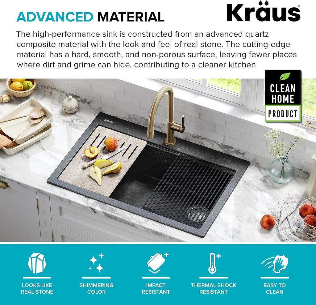 KRAUS Bellucci Workstation 33' Single Bowl Granite Kitchen Sink in Metallic Black w/Accessories, KGTW2-33MBL, Includes Dish Drainer/Dish Drying Rack