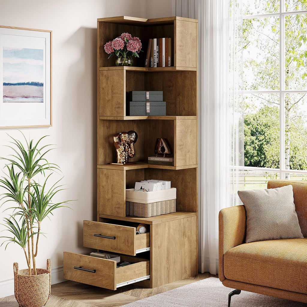 Tribesigns 5-Tier Corner Bookshelf with 2 Drawers, 66.9-Inch Tall Corner Bookcase Shelf, Modern Simple Corner Storage Cabinet Display Rack Shelf for Living Room, Home Office (Natural Brown)