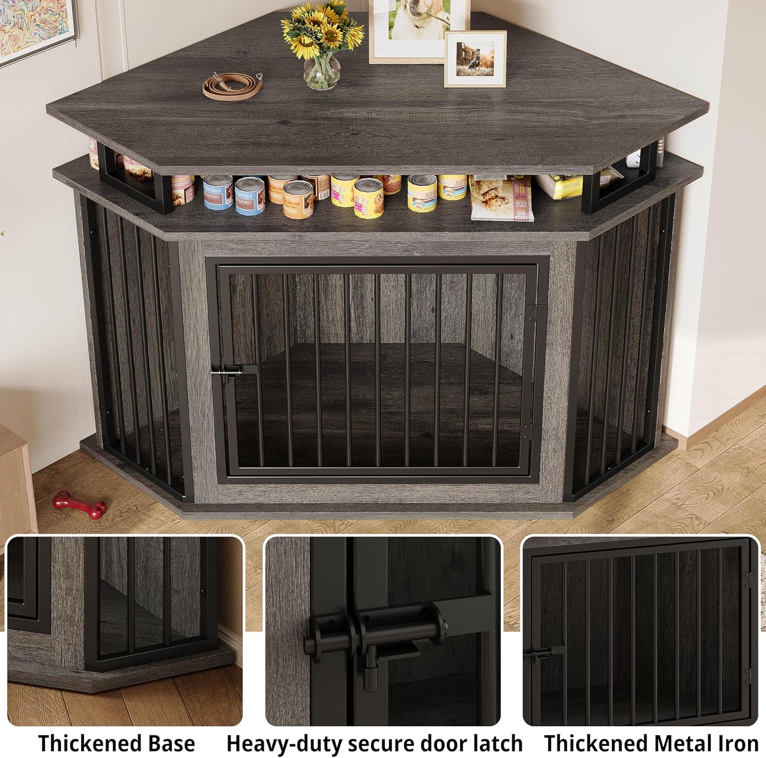 IRONCK Corner Dog Crate Furniture with 2-Tier Shelves – Wooden Pet Kennel for Large Dogs, Space-Saving TV Stand, Rustic Brown (26.7' L x 51.2' W x 33.5' H)