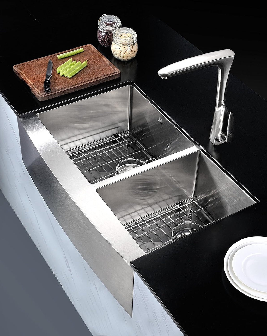 ANZZI Elysian 33' Farmhouse Stainless Steel 60/40 Double Bowl Kitchen Sink in Brushed Satin with Strainer, 18 Gauge Large Dual Deep Soak Basin Commercial Utility Prep Work Station, K-AZ3320-4A