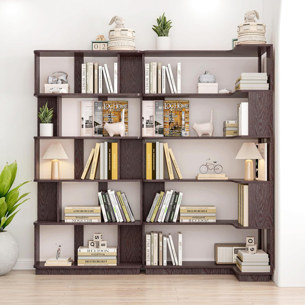 Corner Bookshelf, L Shaped, Set of 2, Ox Blood Red | Modular Geometric Design, Large Storage Display, Freestanding Wooden Unit, For Living Room Home Office