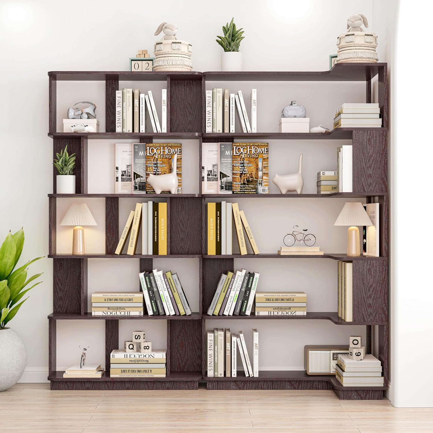 Corner Bookshelf, L Shaped, Set of 2, Ox Blood Red | Modular Geometric Design, Large Storage Display, Freestanding Wooden Unit, For Living Room Home Office