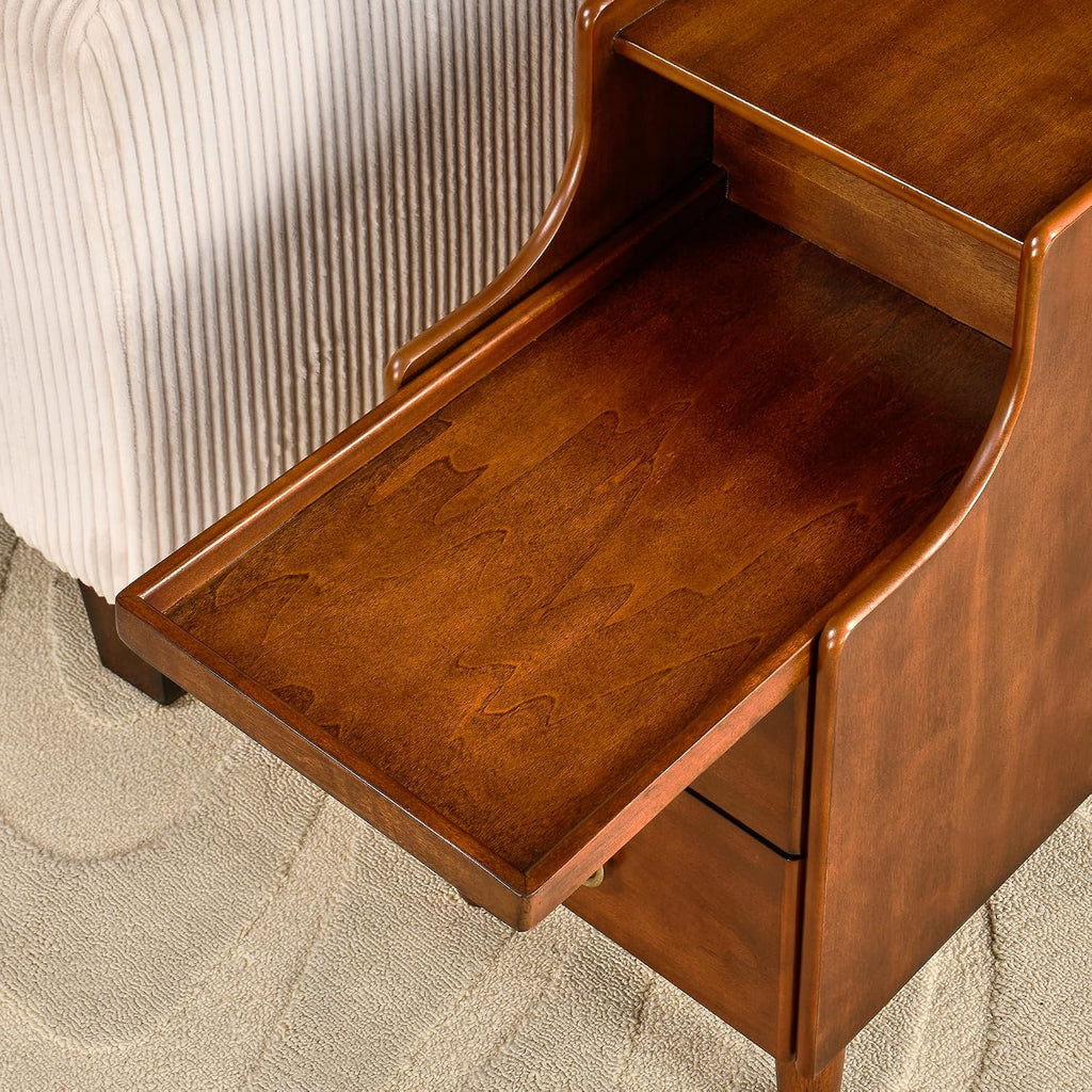 Narrow End Side Table with 2 Drawers and Pull-Out Tray, No-Tools Assembly Sofa Beside Table for Living Room, Slim Side Table with Solid Wood Legs, 11.8'W x 21.6'L x 22.9'H Caramel Brown BG-A1359-MG