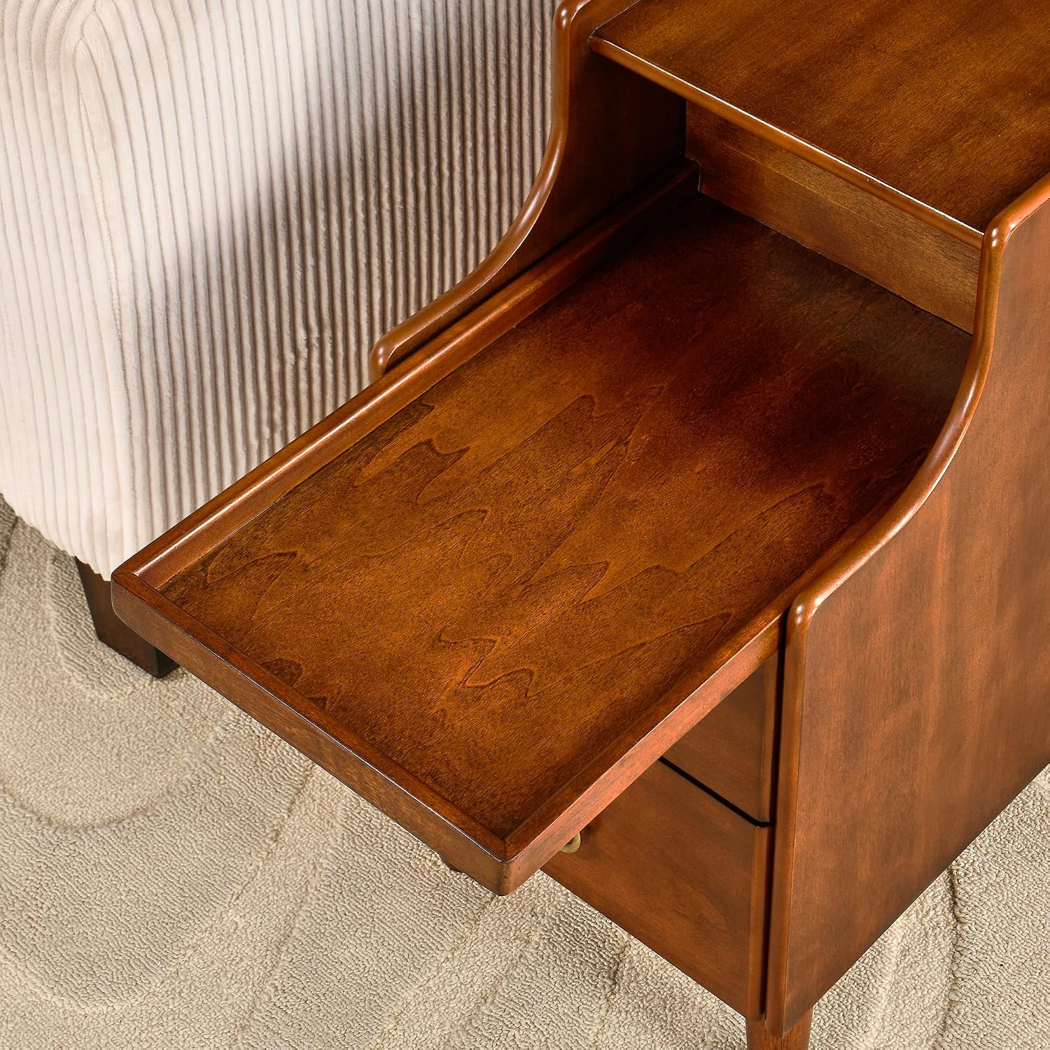 Narrow End Side Table Set of 2 with 2 Drawers and Pull-Out Tray, No-Tools Assembly Sofa Beside Table for Living Room, Slim Side Table with Wood Legs, 11.8'W x 21.6'L x 22.9'H Caramel Brown BG-A1359-MG
