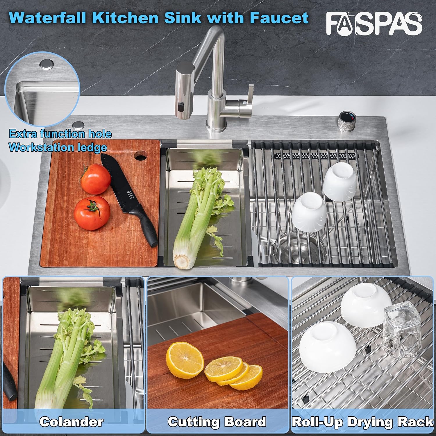 33 x 19 Waterfall Kitchen Sink with Faucet, Stainless Steel Undermount Single Bowl Kitchen Sinks, Large Farmhouse Workstation Sinks with Accessories, 8 Inch Deep Drop In Sink, Brushed Nickel