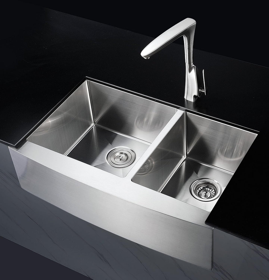 ANZZI Elysian 33' Farmhouse Stainless Steel 60/40 Double Bowl Kitchen Sink in Brushed Satin with Strainer, 18 Gauge Large Dual Deep Soak Basin Commercial Utility Prep Work Station, K-AZ3320-4A